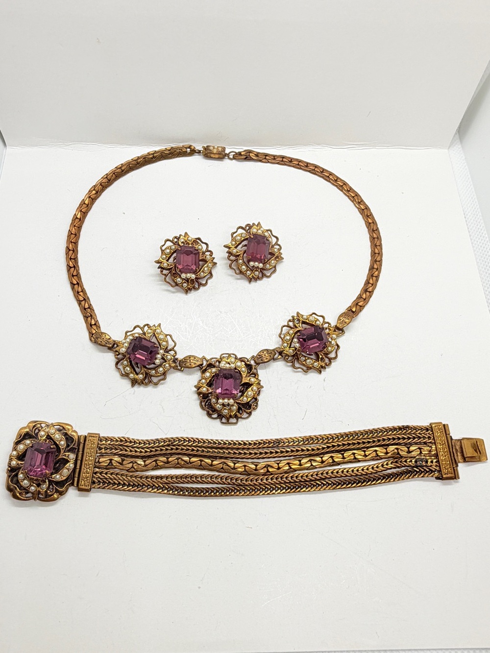1940s Victorian Revival Purple Glass Jewelry Set, Necklace Earrings Bracelet Vtg